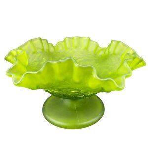 Vintage Westmoreland Green Satin Frosted Maple Leaf Footed Candy Dish Bowl VTG